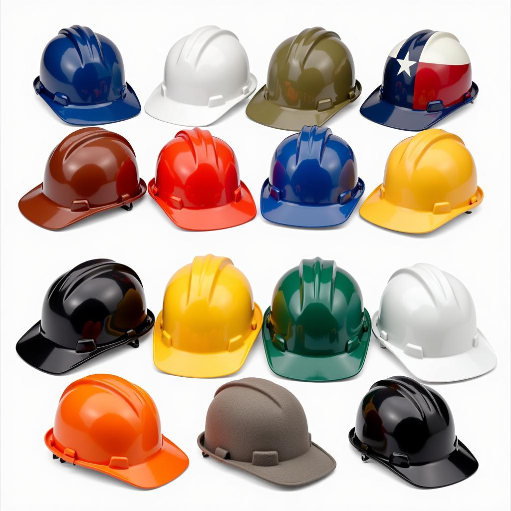 Different types of Texan hard hats displayed on a table