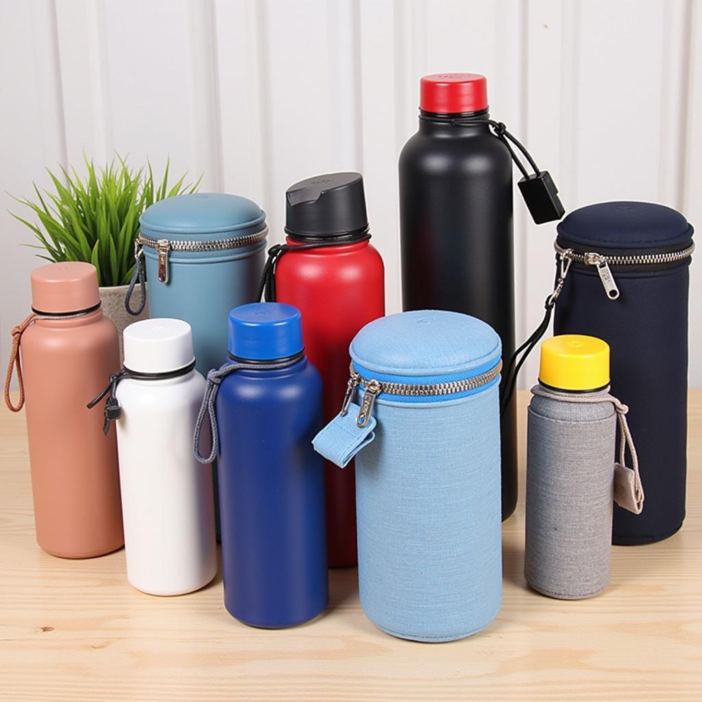 Different types of water bottle wallets displayed on a table