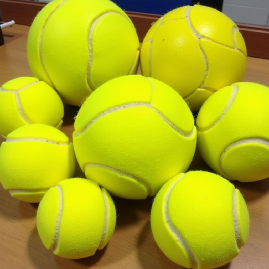 Various yellow wiffle balls displayed on a table