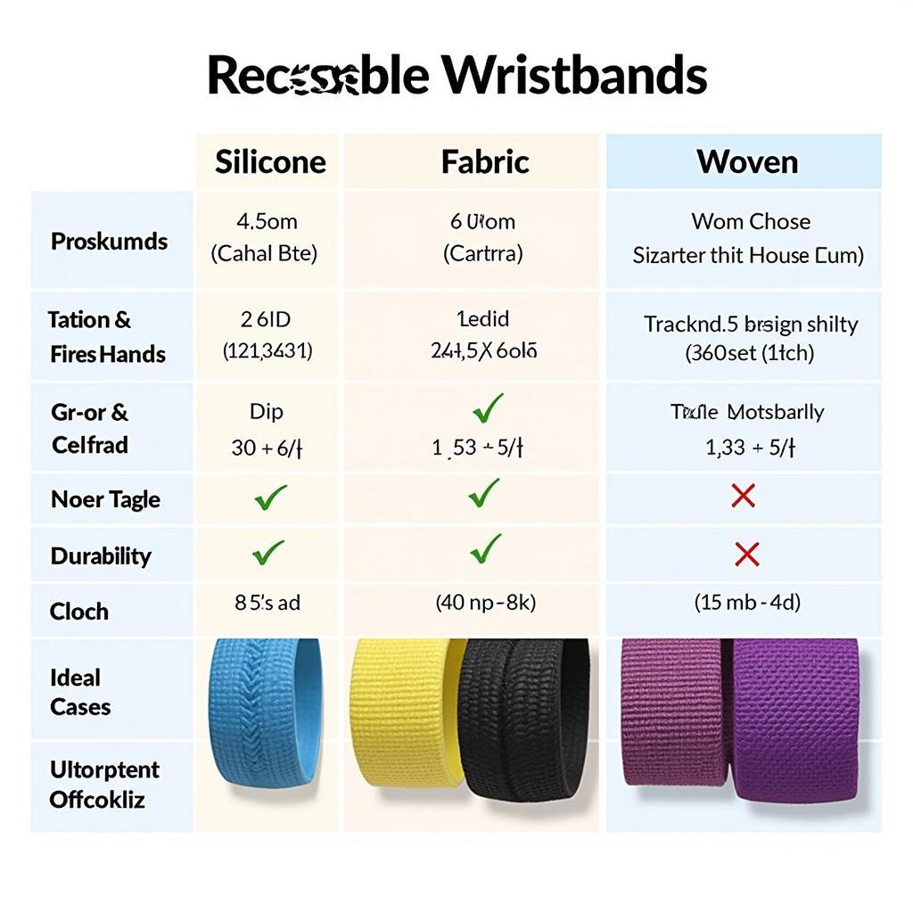 Different types of reusable wristbands: silicone, fabric, woven