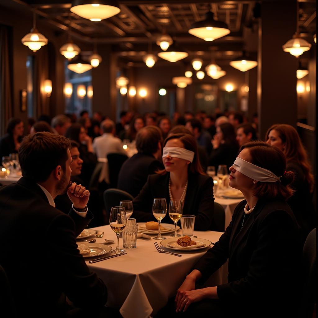 Guests enjoying the dining in the dark experience at a restaurant in Cincinnati.