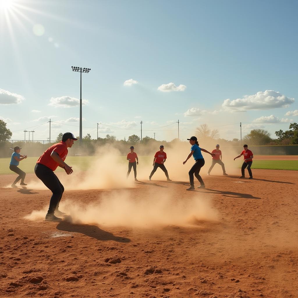 Dirt dogs softball game in action