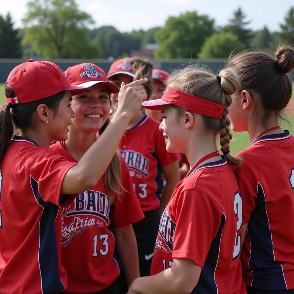 Team huddle during a dirt dogs softball game