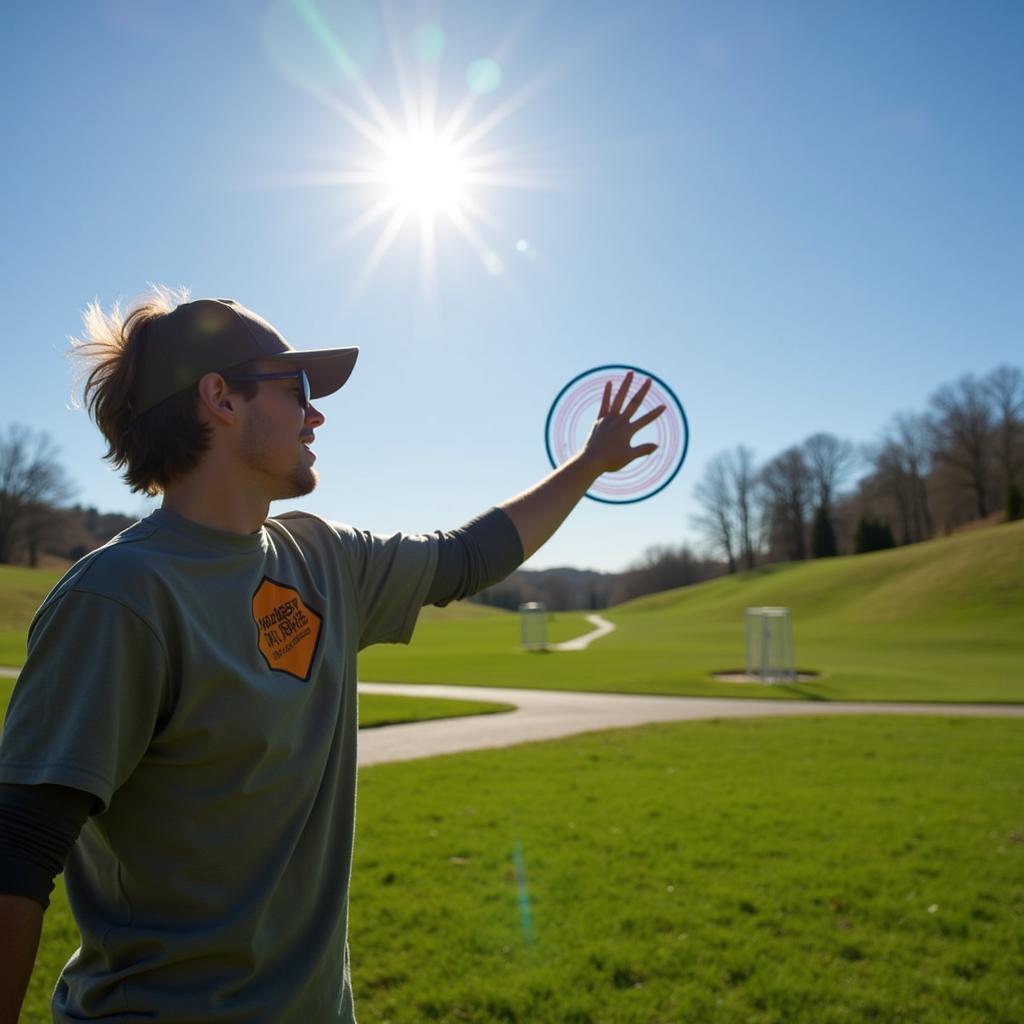 A disc golf player throwing a disc on a sunny day.