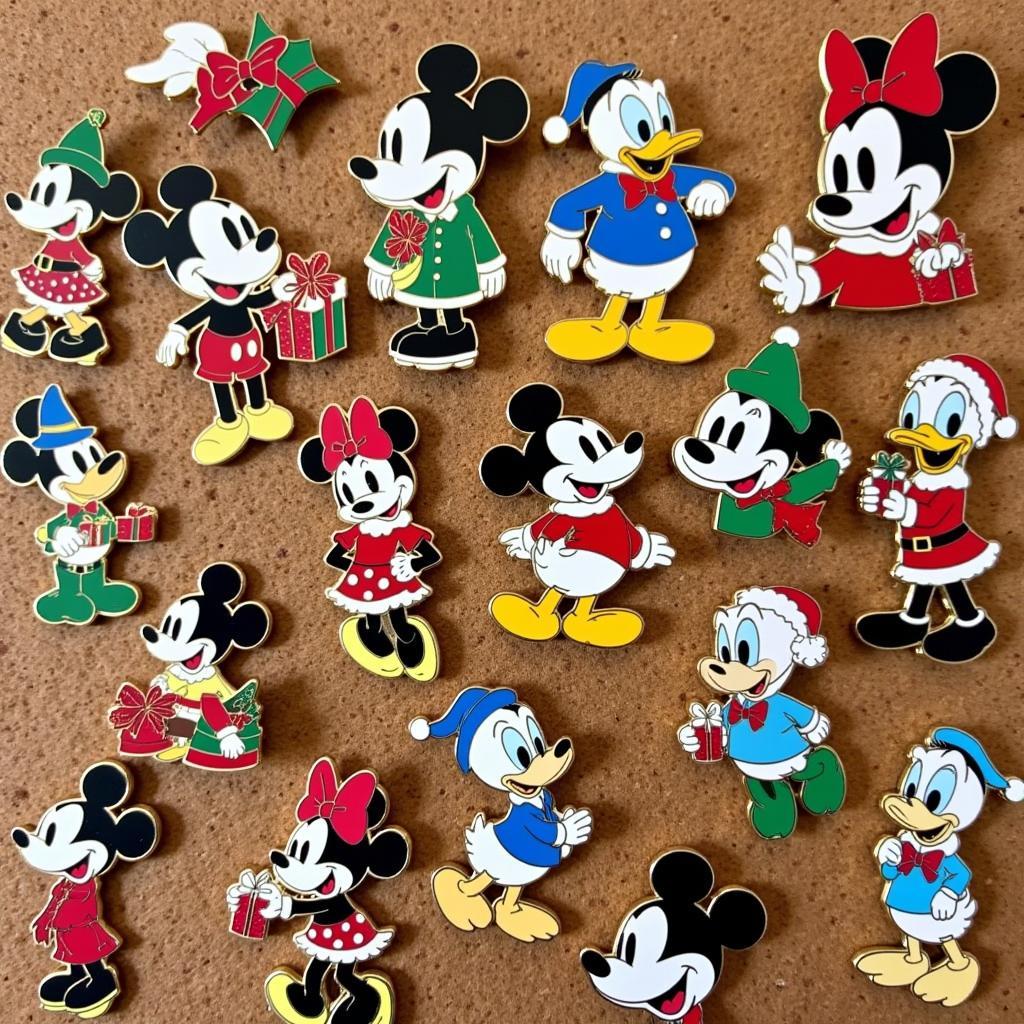 A collection of Disney 12 Days of Christmas pins displayed on a corkboard.