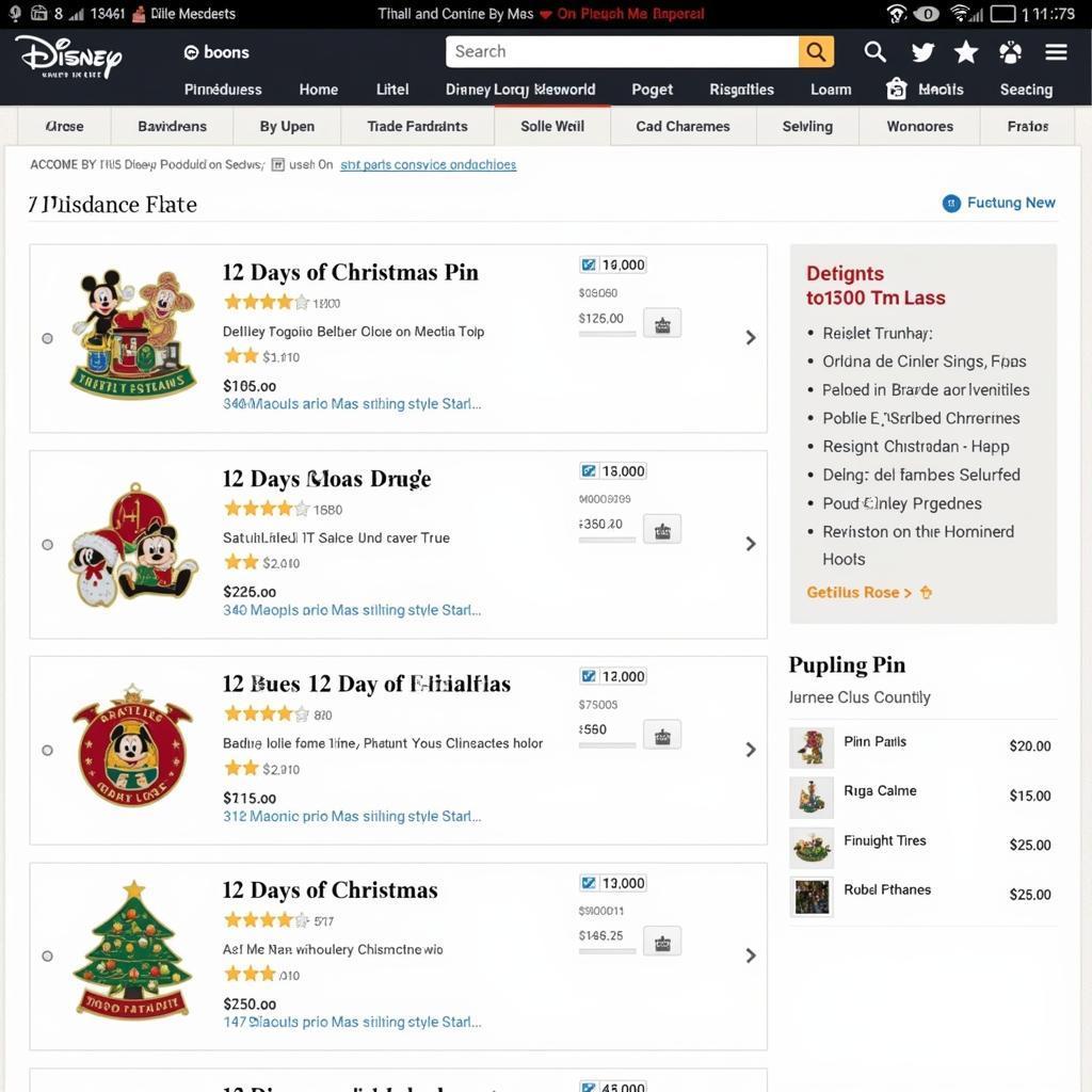 A screenshot of a website selling Disney 12 Days of Christmas pins.