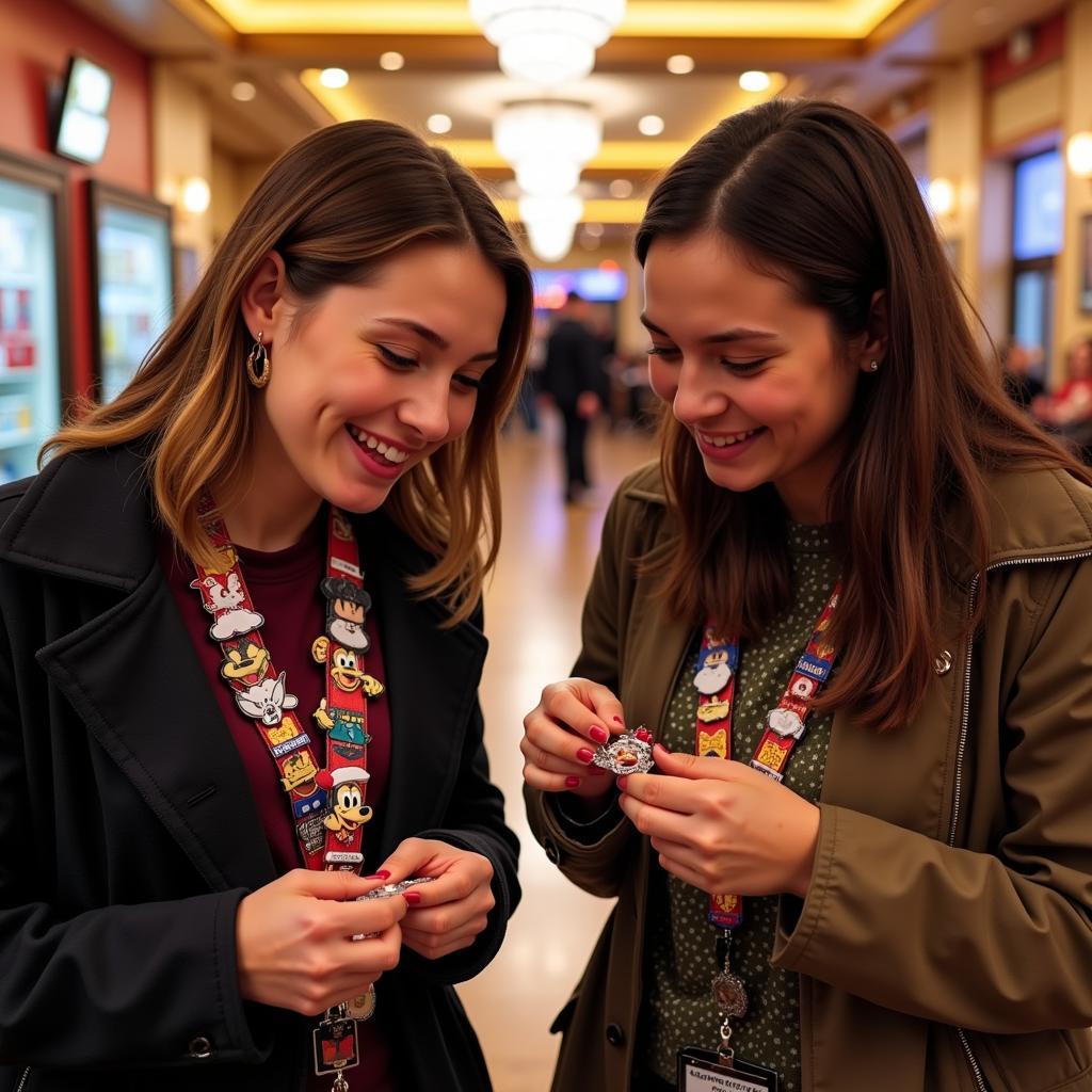 Two people trading Disney pins at a pin trading event.