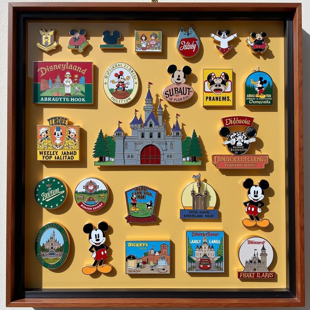 A display of Disneyland Mickey Mouse pins from the 1960s