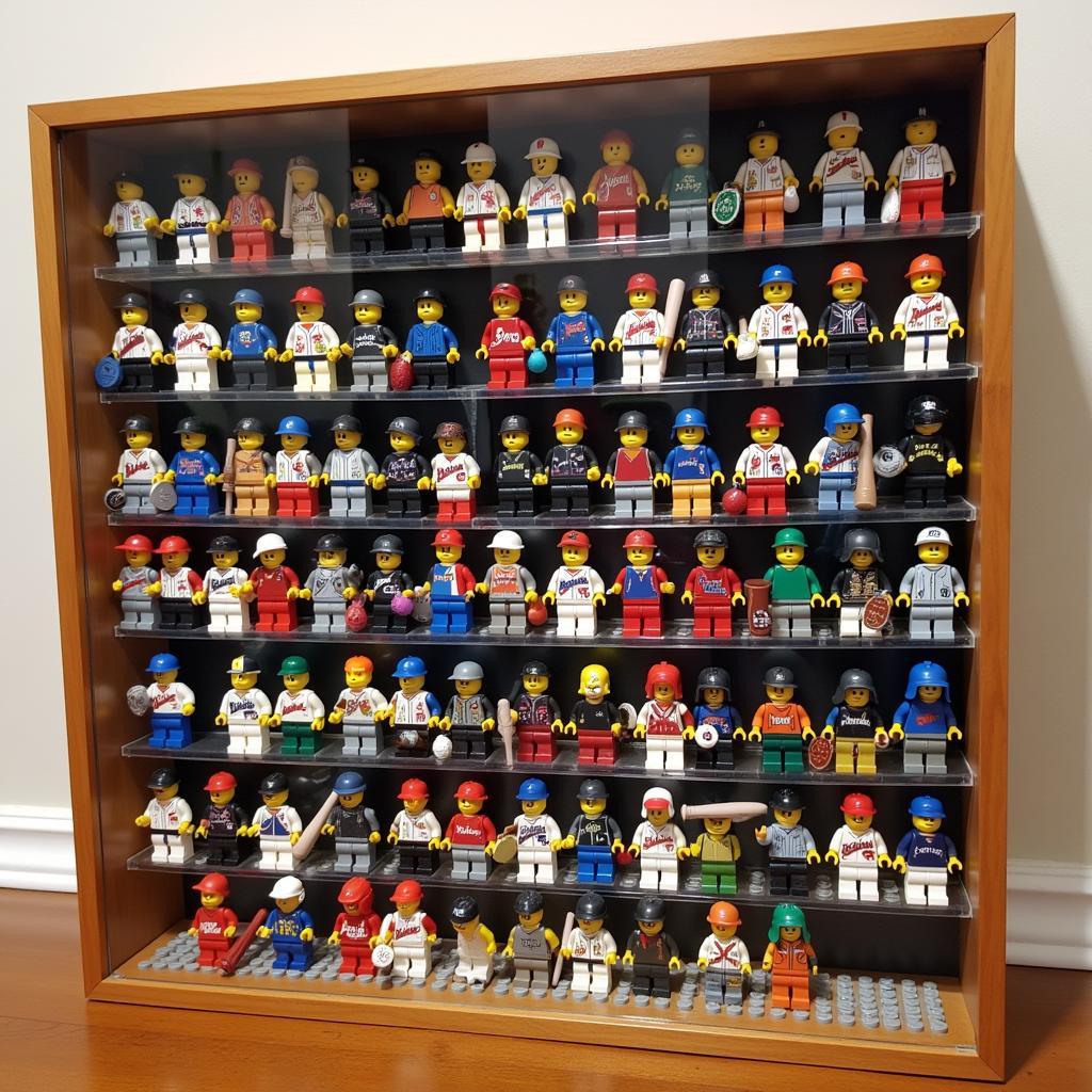 Display case showcasing a collection of baseball Lego minifigures, arranged by team and position.