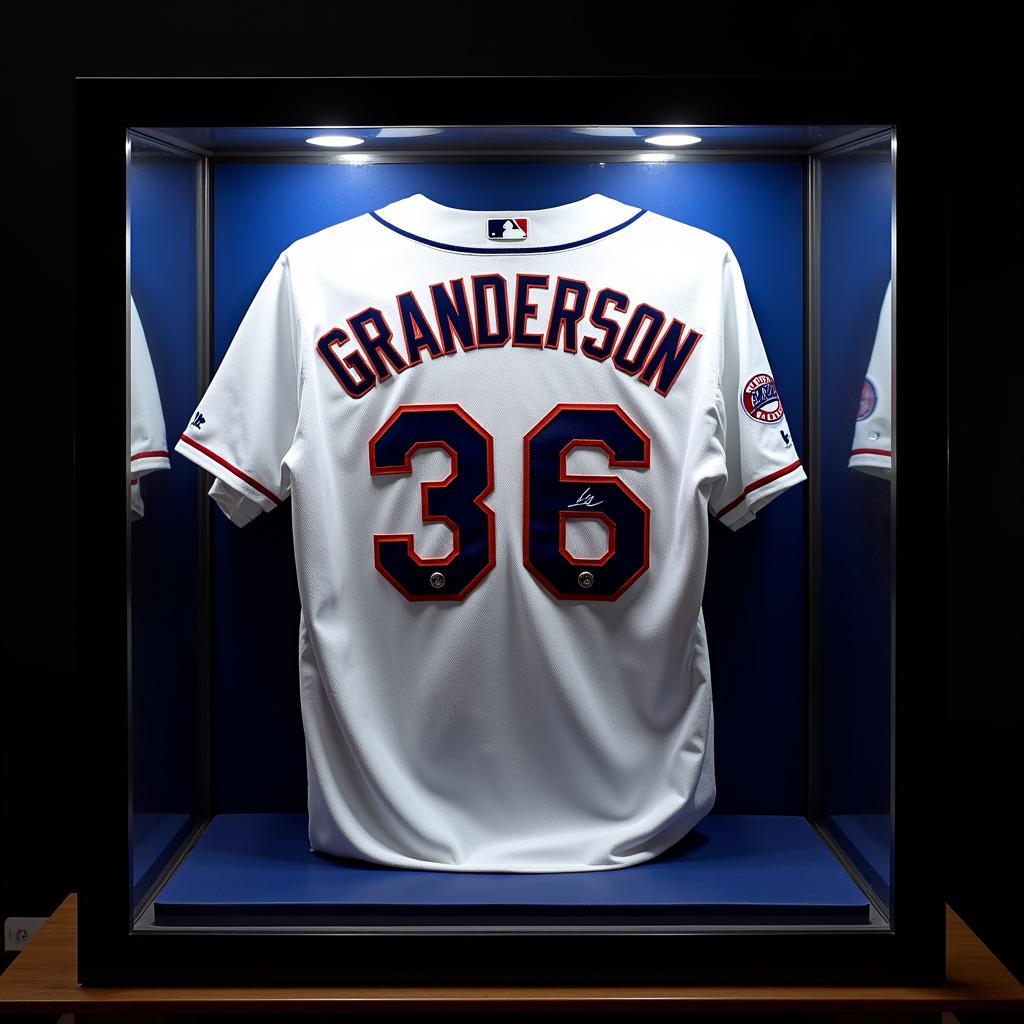 Display case containing a Curtis Granderson autographed jersey