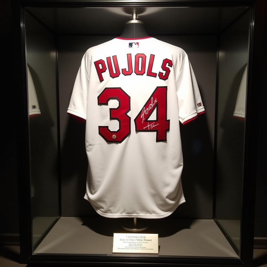 Display case containing a signed Albert Pujols jersey