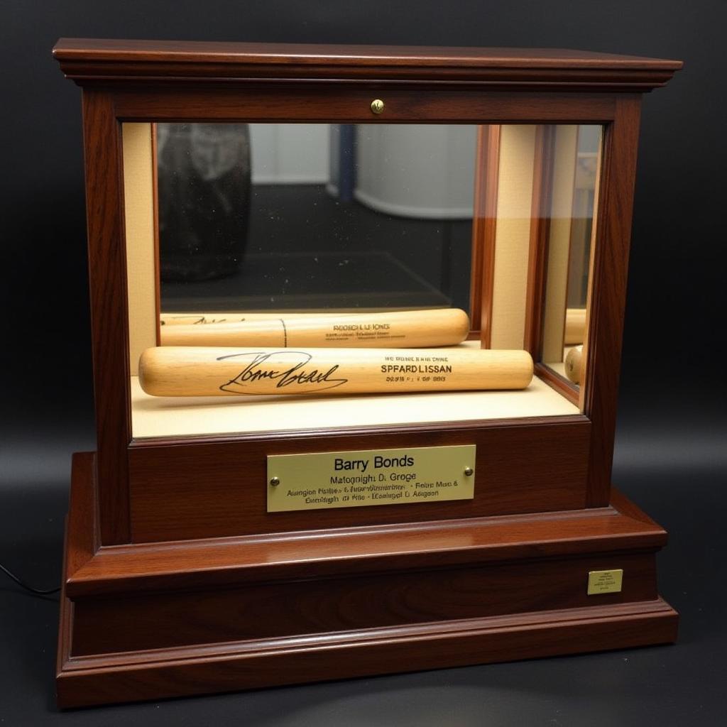 A display case showcasing a Barry Bonds signed baseball bat, illuminated and protected