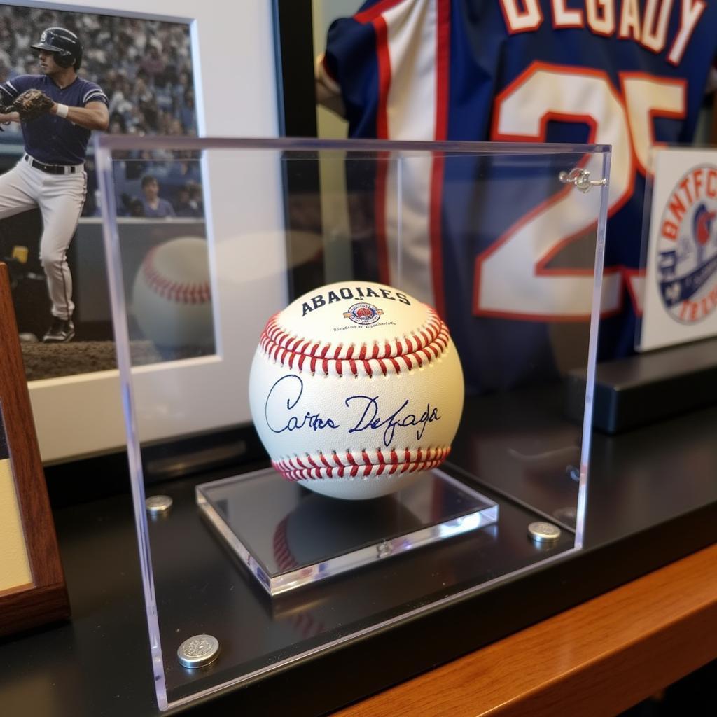 Display Case with Carlos Delgado Autographed Baseball and Memorabilia