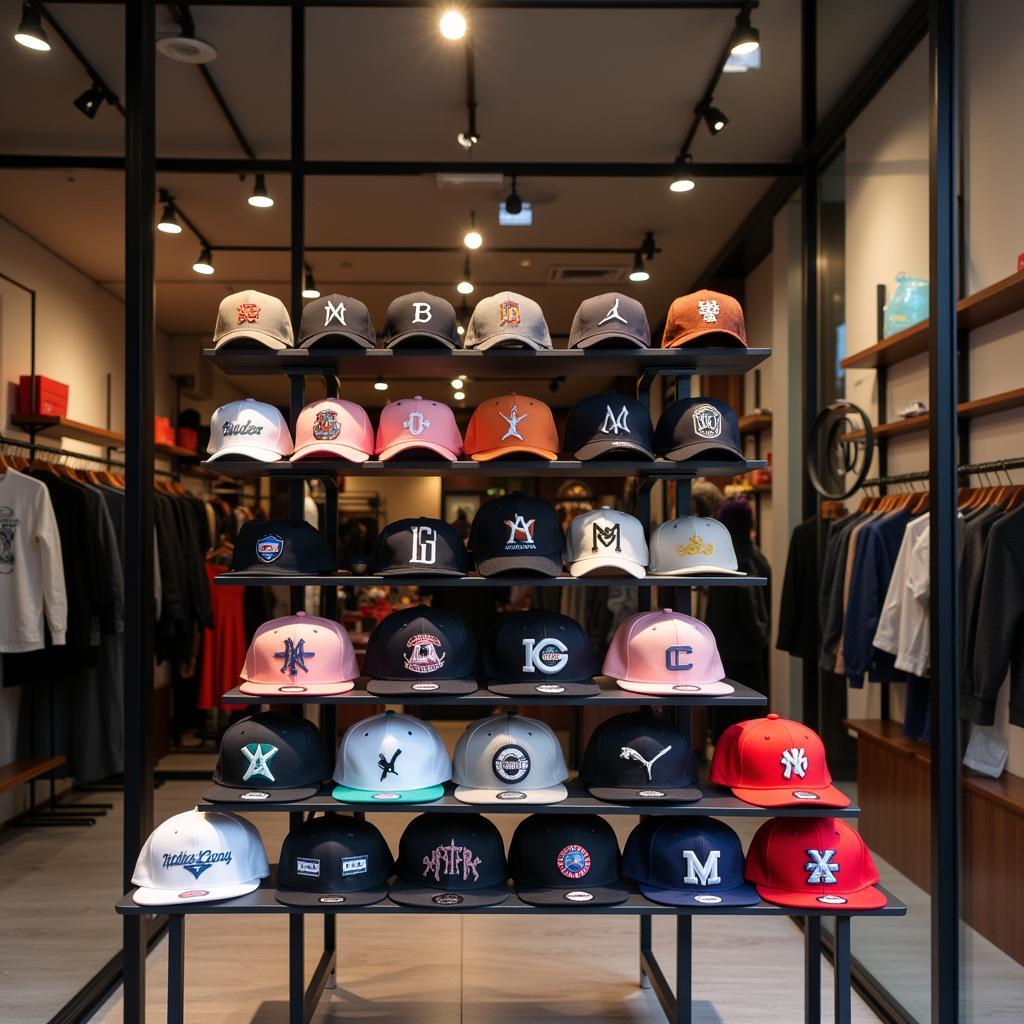 A curated display of New Era caps in a trendy Guatemalan boutique