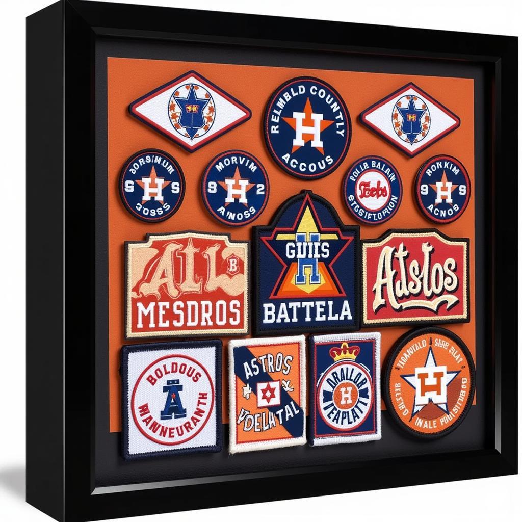 A framed display of Astros patches.