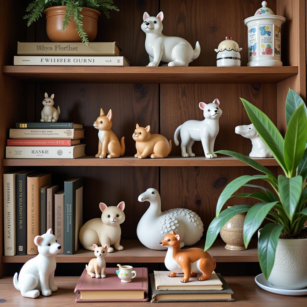 A collection of miniature ceramic animals displayed on a bookshelf