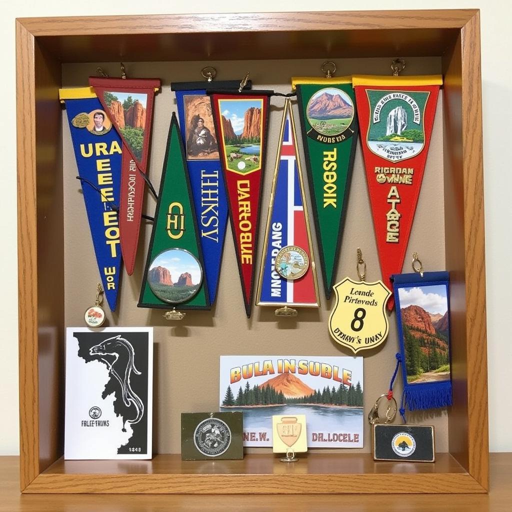 National park pennants displayed creatively in a shadow box