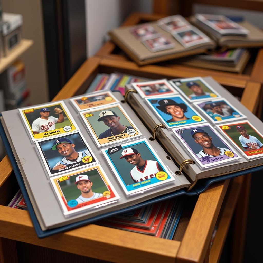 A collection of Shawn Kemp Topps cards neatly displayed in a binder.