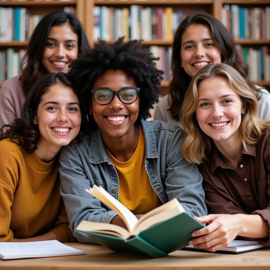 A diverse group of book club members in St. Louis smiling and posing for a photo