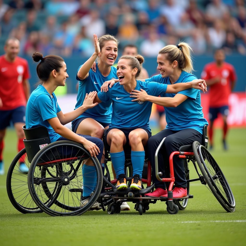 Diverse group of athletes celebrating a goal