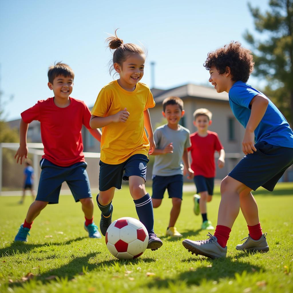 Diverse group of children playing football together