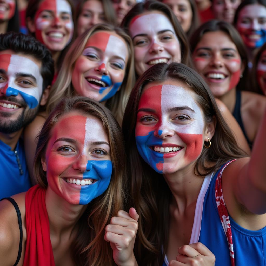 Diverse Group of Fans Celebrating with Red, White, and Blue Face Paint