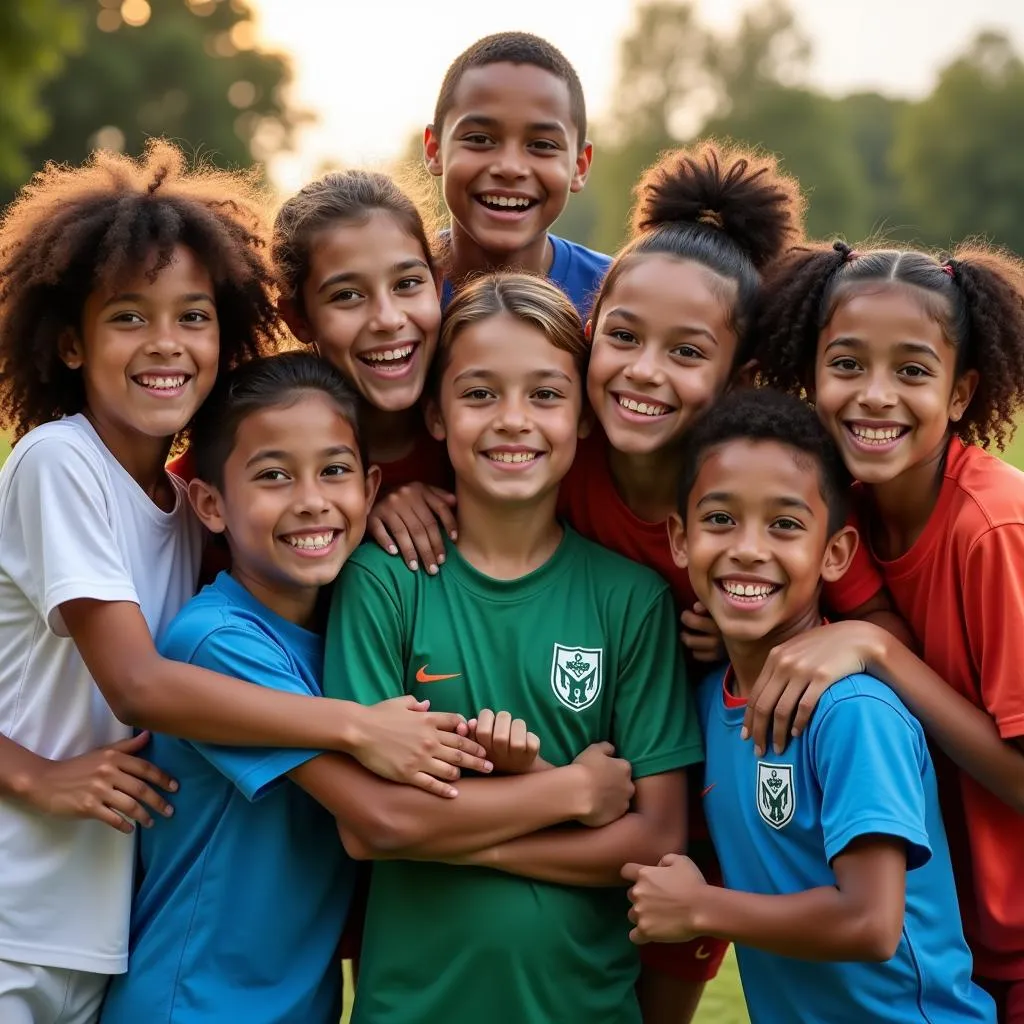 Diverse Group of Football Players Celebrating: Players from different backgrounds come together in celebration after a victory.