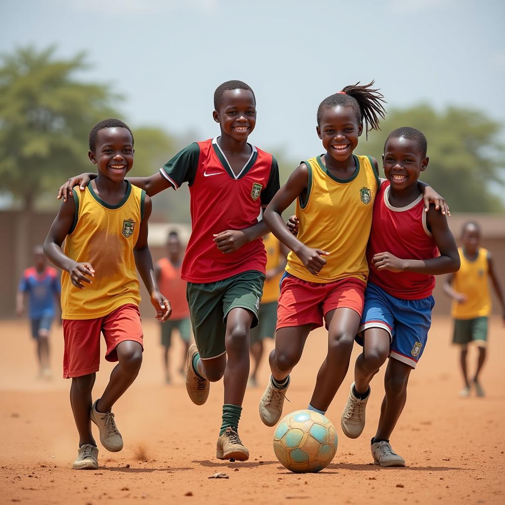 Diverse group of children playing football