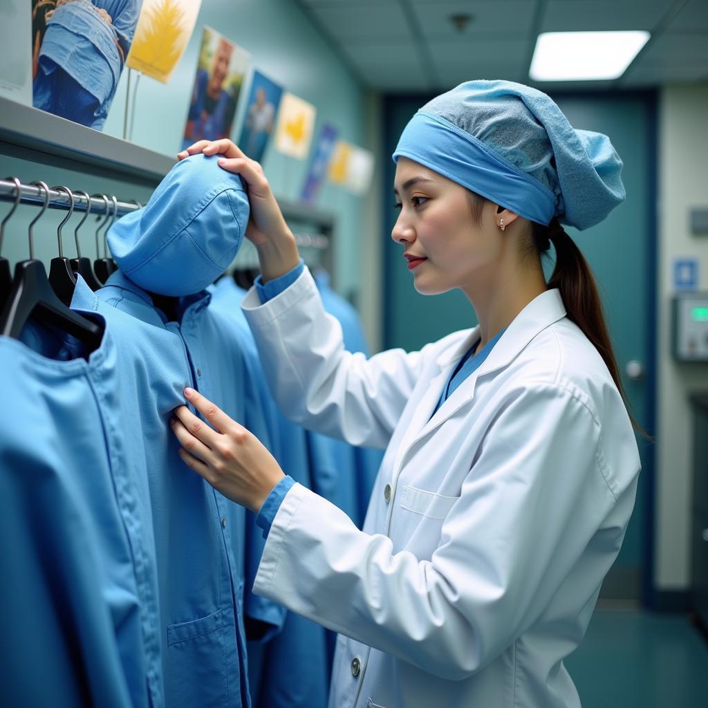 A doctor selecting a surgical cap from a range of options