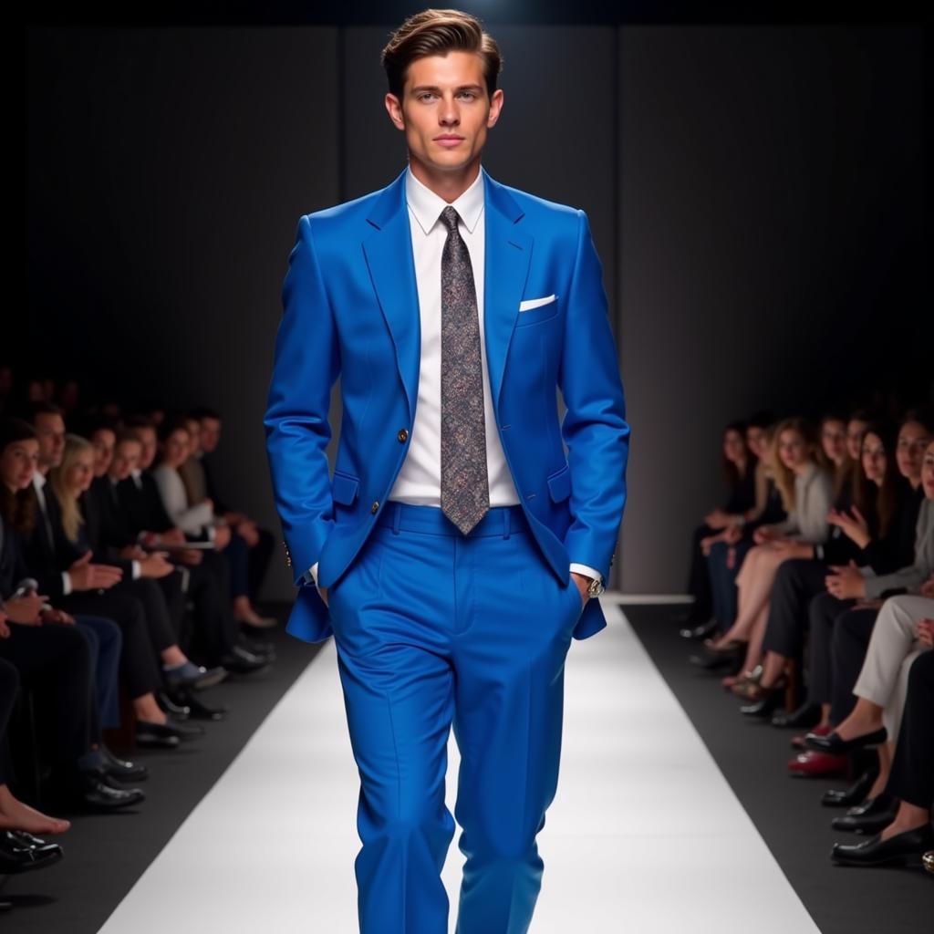 Model wearing a dodger blue suit on the runway