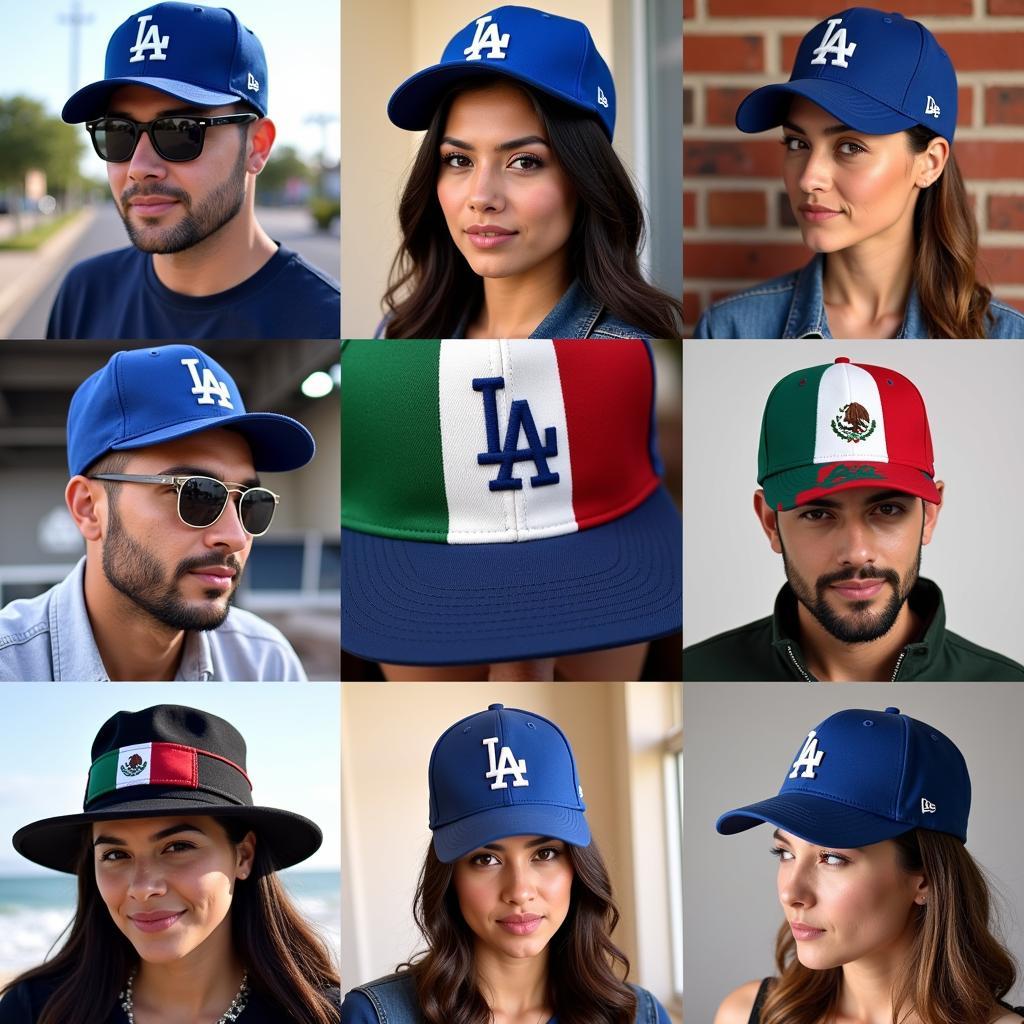 Fashionable individuals sporting Dodgers hats with Mexican flag accents.