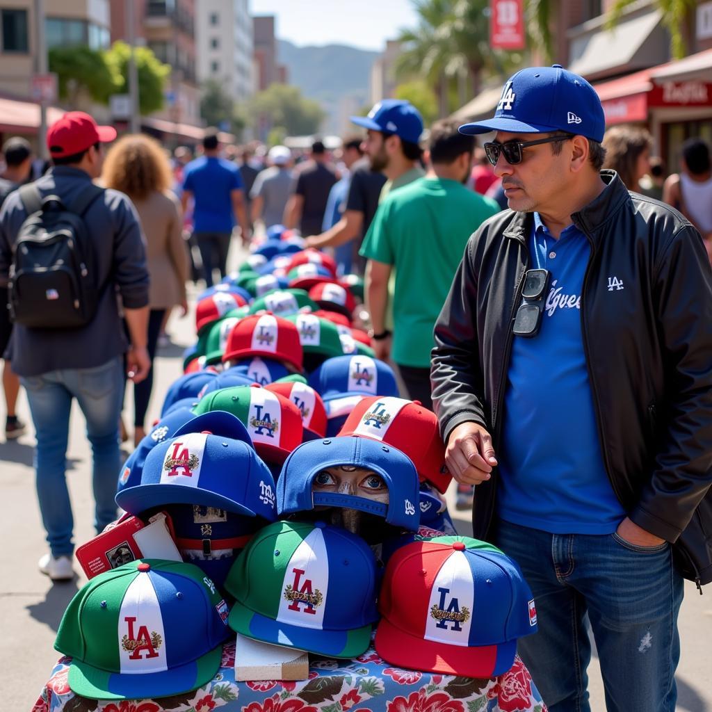 Street vendor selling Dodgers hats with Mexican flag designs in Los Angeles