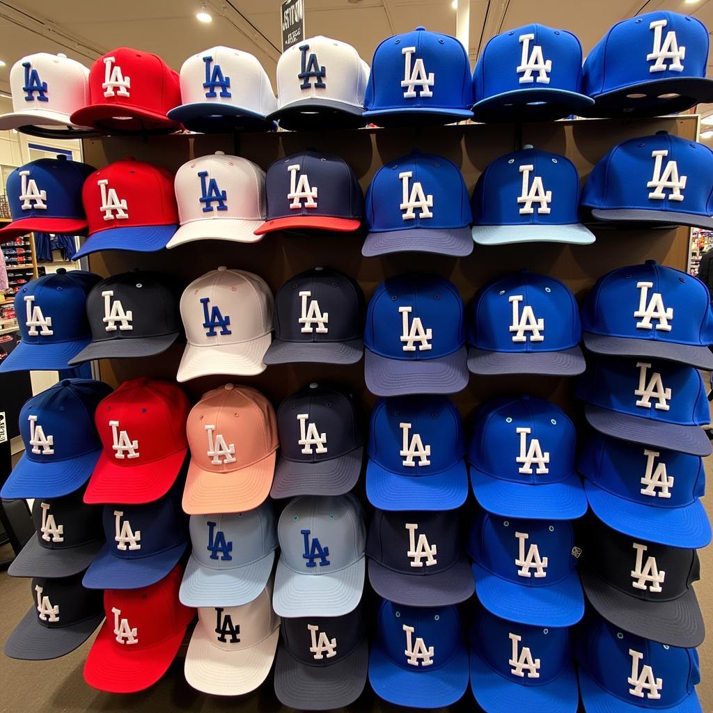 Display of Dodgers Palm Tree Hats in Various Colors and Styles