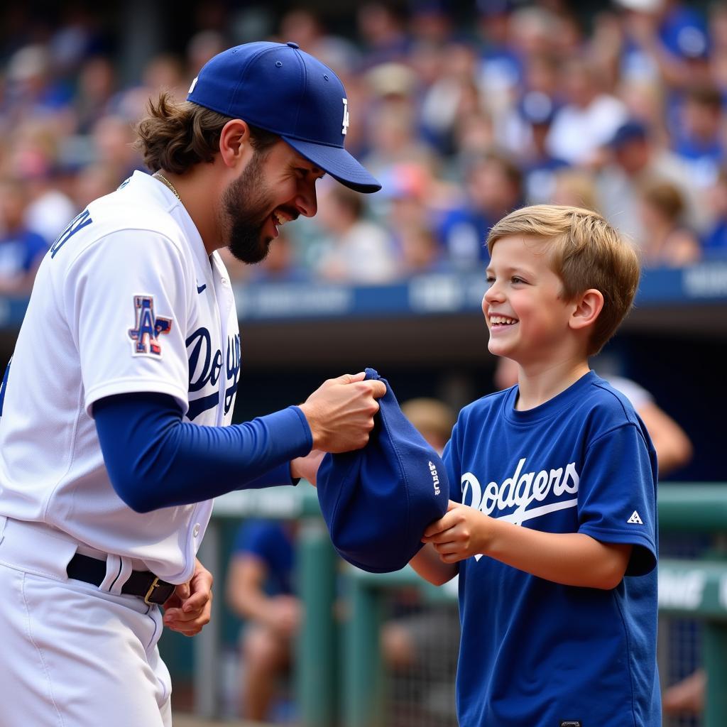 Dodgers Player Sharing the Joy with a Young Fan