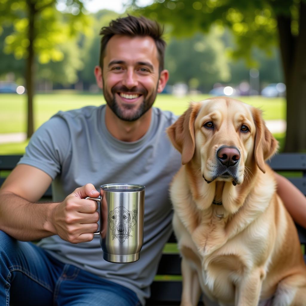 A dog dad smiling as he sips from his new tumbler while his dog sits beside him, looking happy and content.