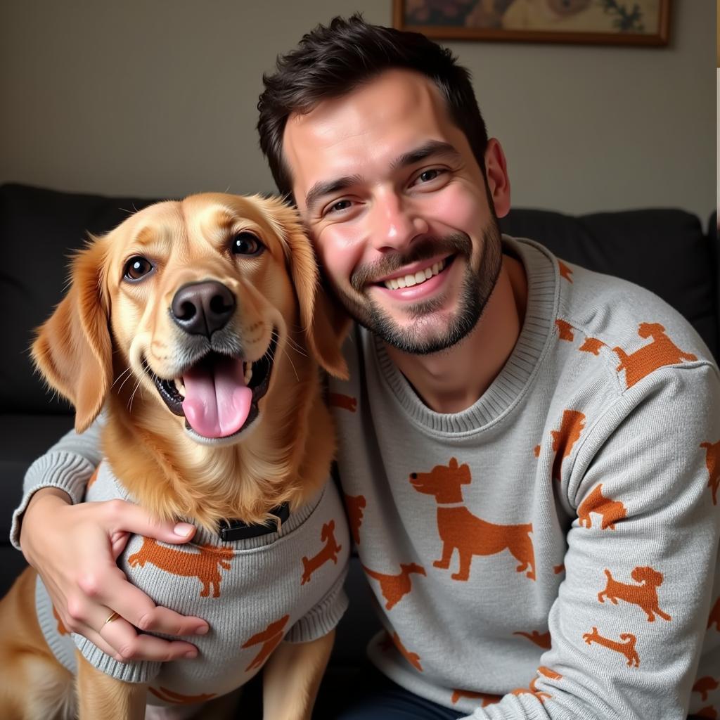 Dog Dad and Dog Bonding While Wearing a Matching Sweater