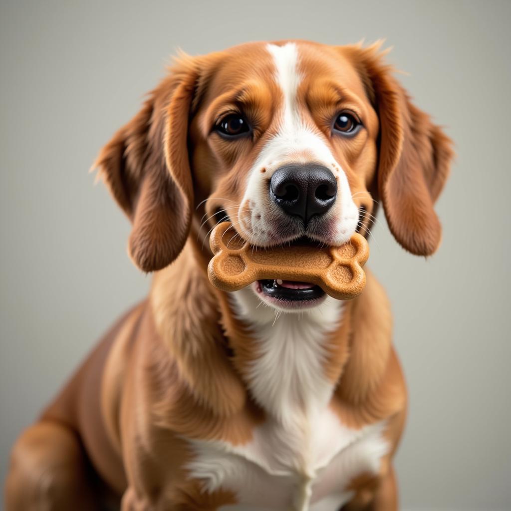 Dog happily chewing on a dog treat