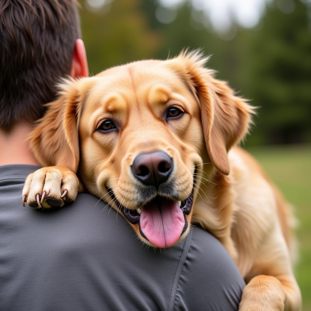 A happy dog gently nudging its owner's head with its own