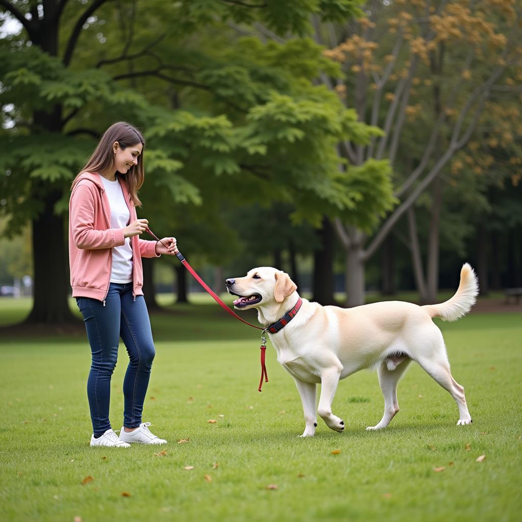 Dog owner and dog practicing recall with 30ft lead