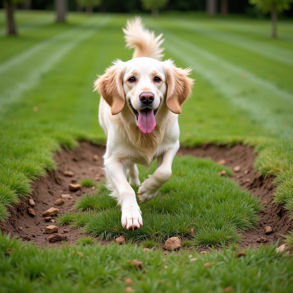 Dog playing on a damaged lawn