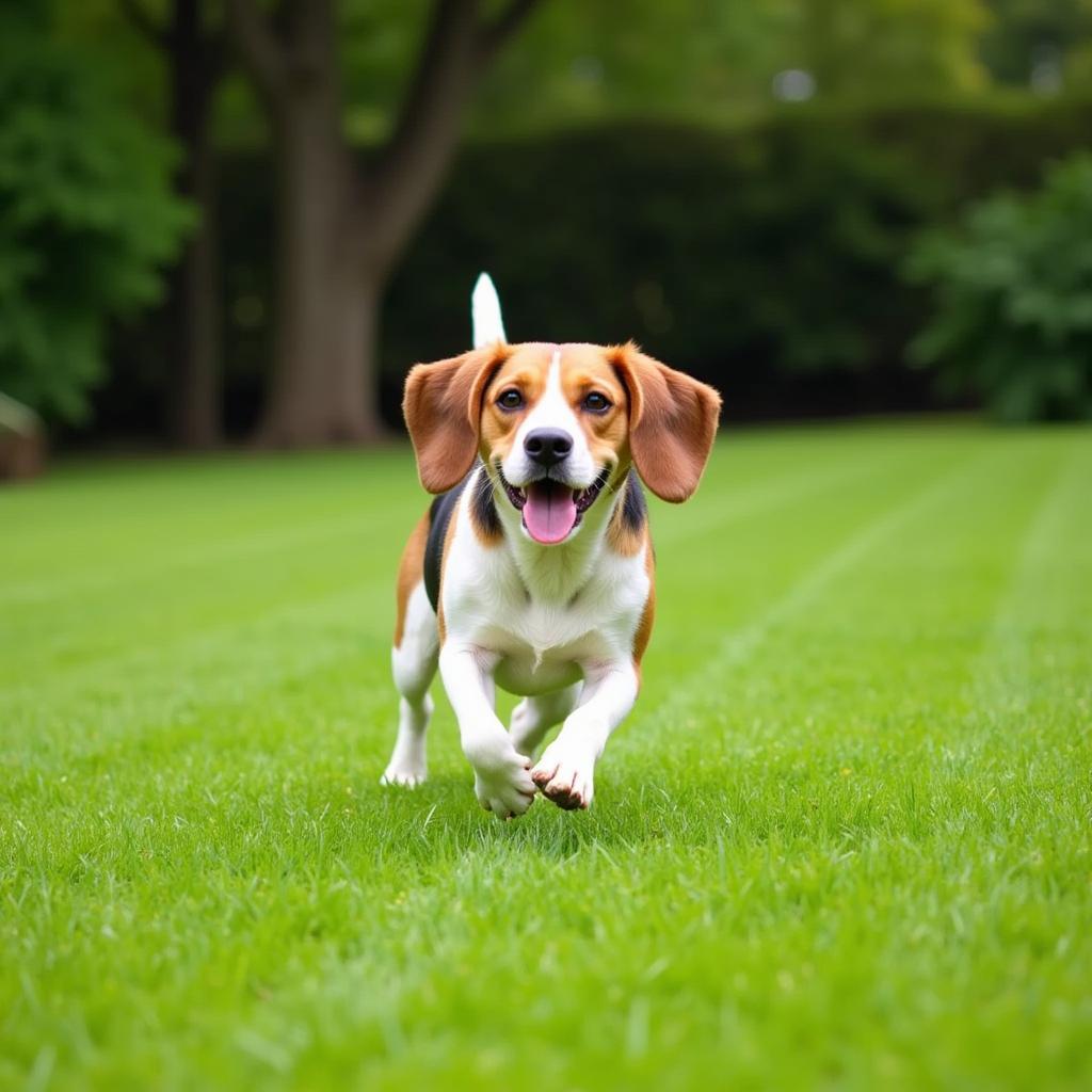 A happy dog running freely on a protected lawn