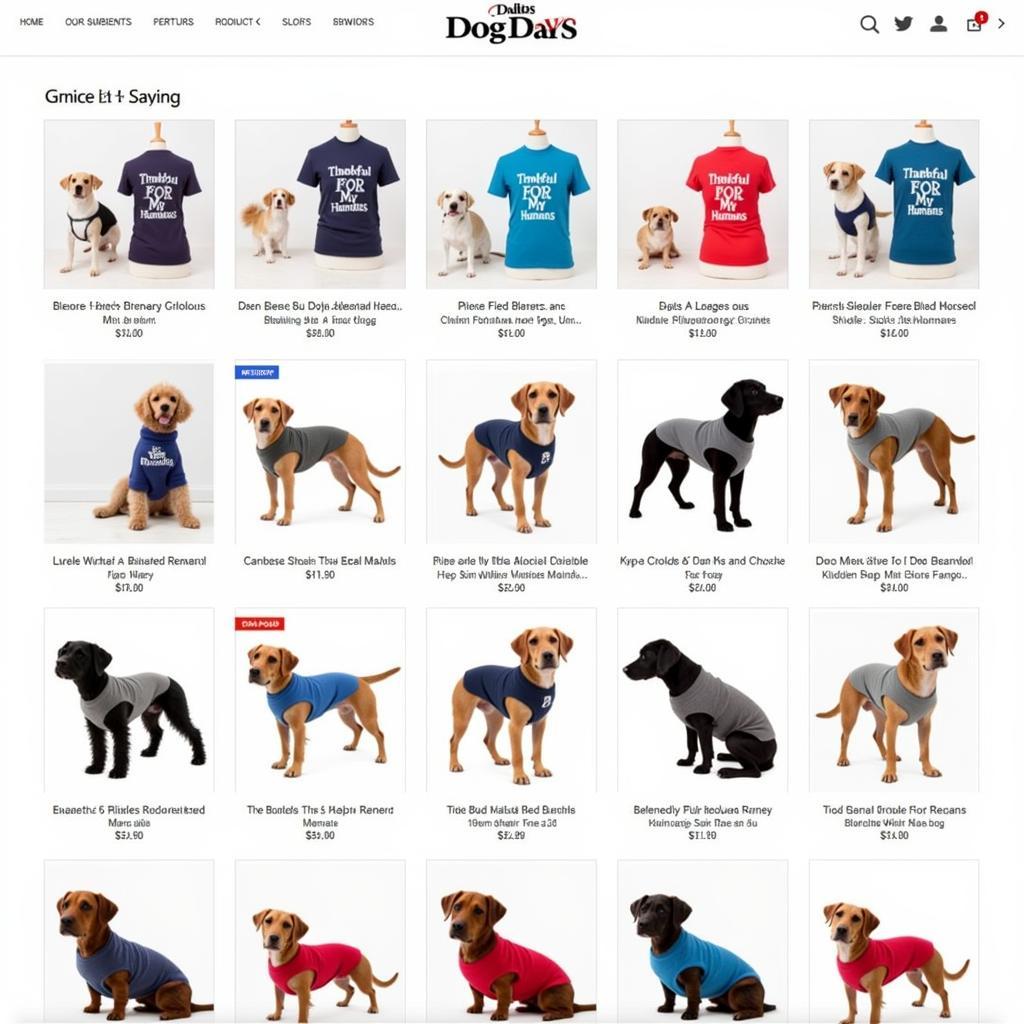 Variety of colorful grateful dog shirts displayed on a website