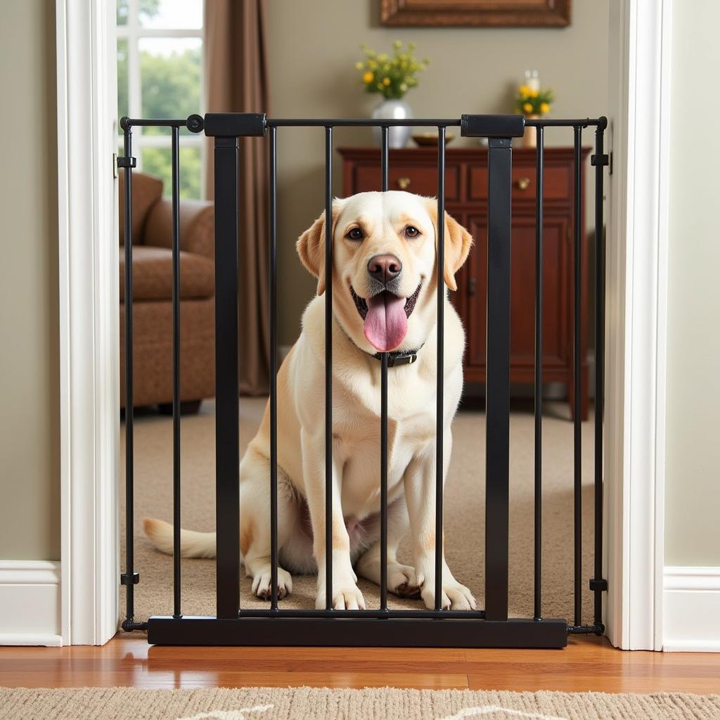 Dog Sitting Happily Behind Pet Gate