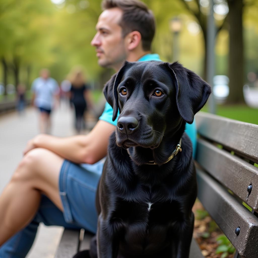 A dog sitting calmly beside its owner, observing their surroundings