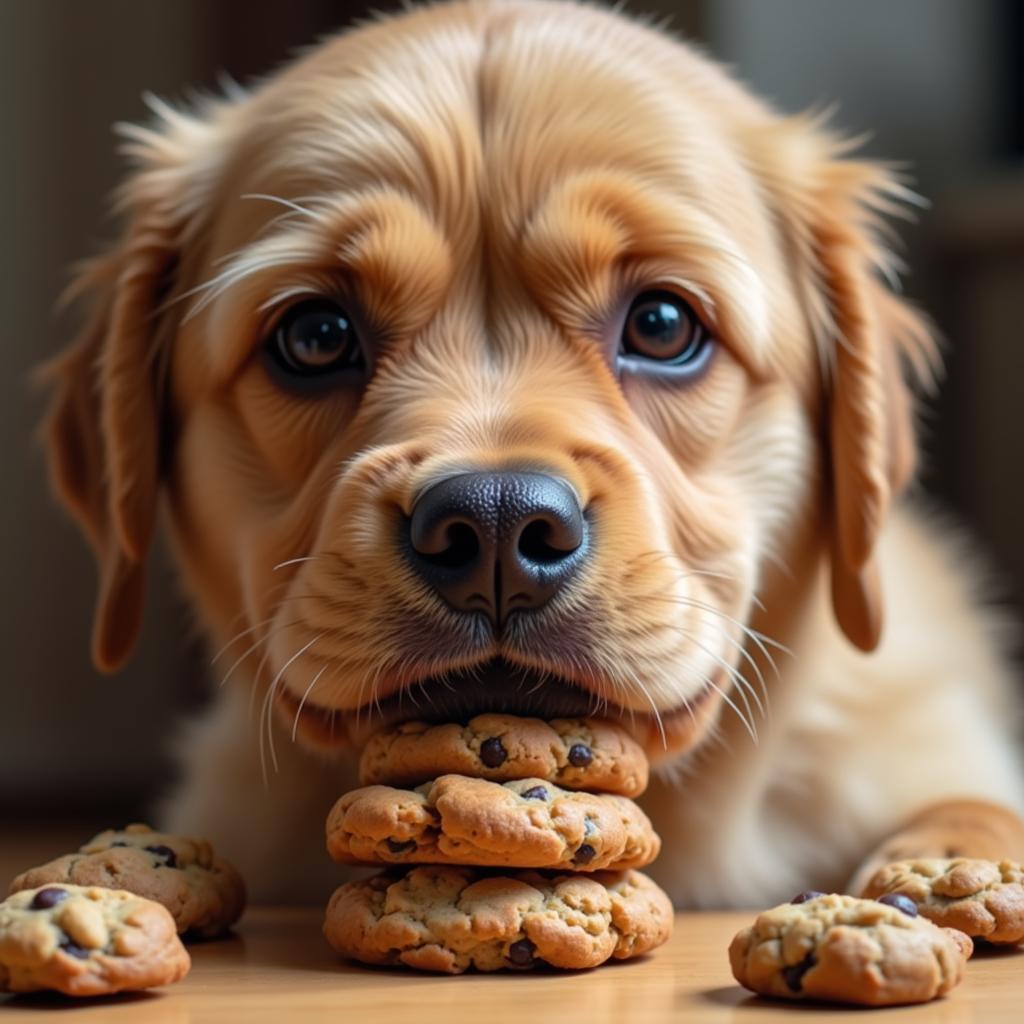 Dog intently sniffing a cookie jar