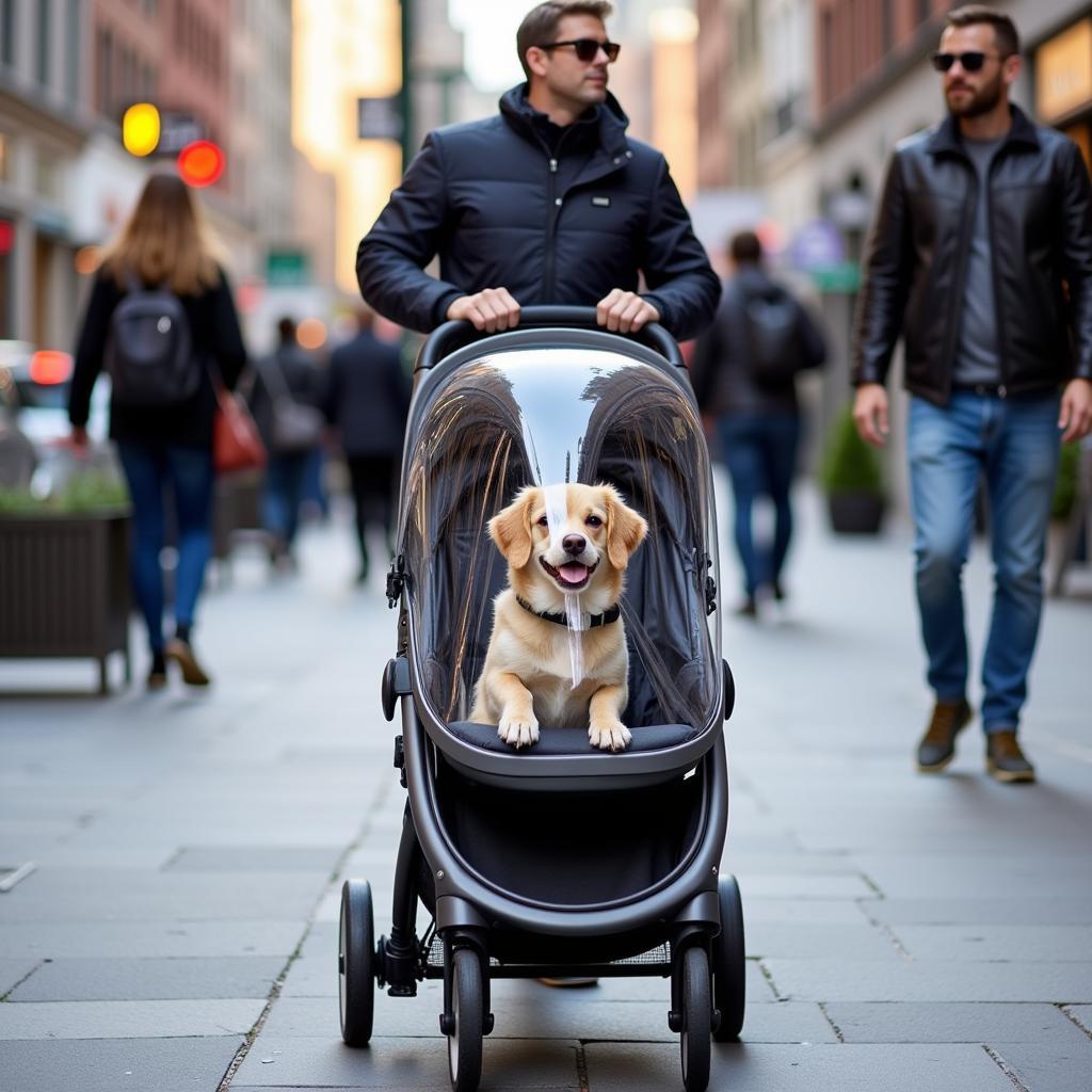 Dog stroller with rain cover on a city walk