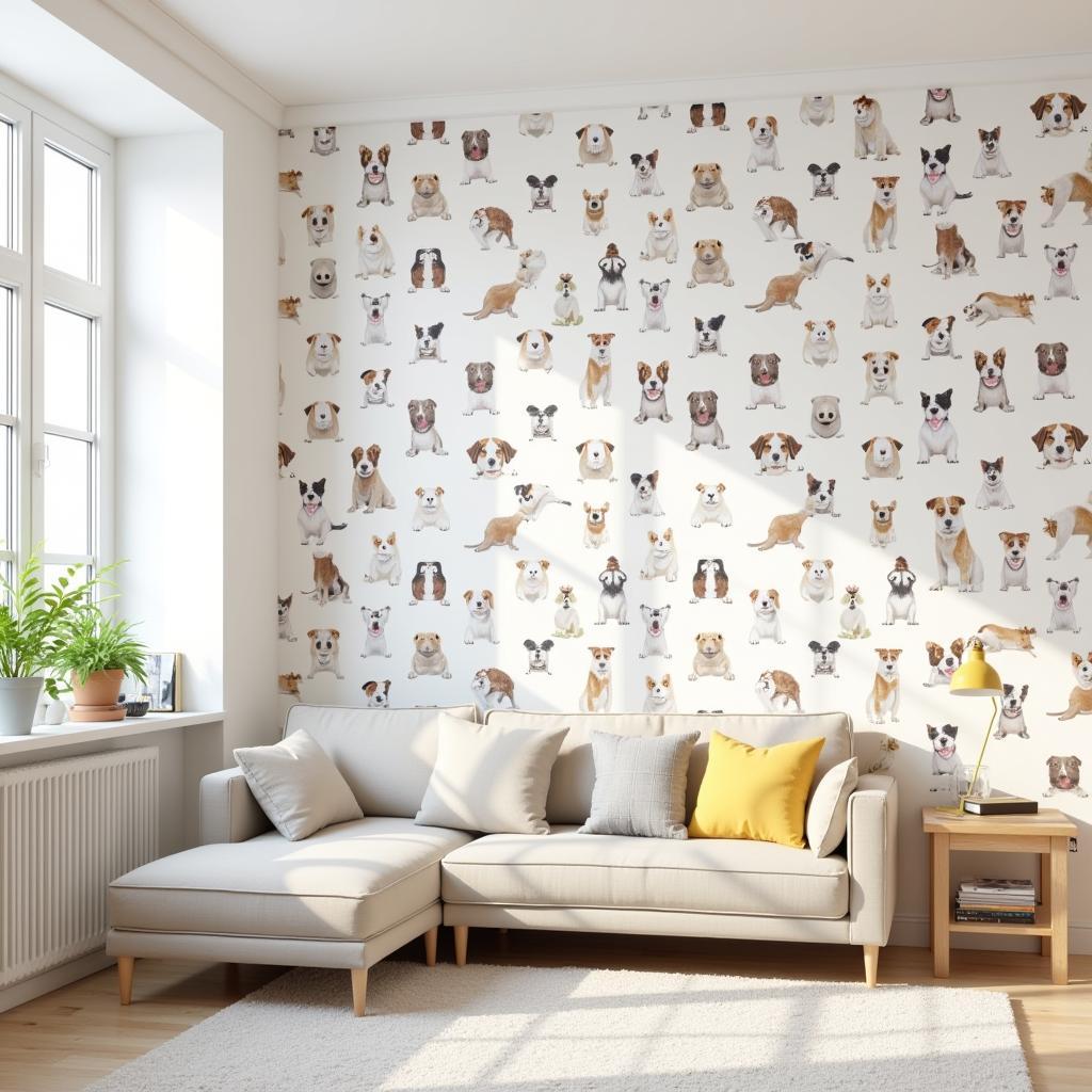 Dog-themed peel and stick wallpaper in a modern living room.