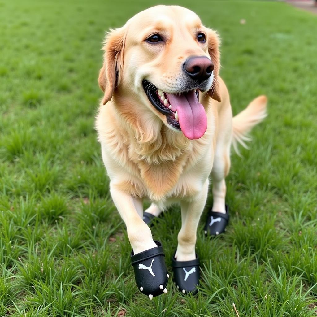 Dog wearing cleats on grass