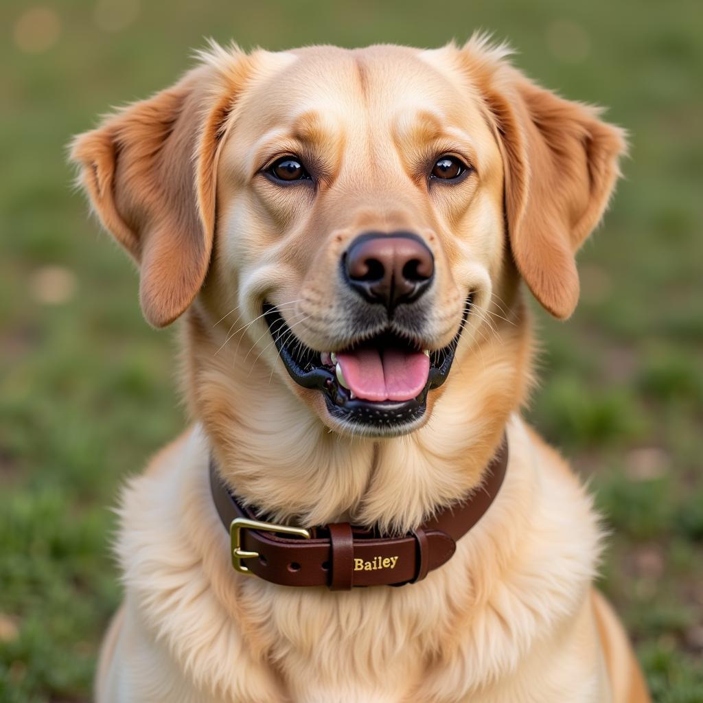 A happy dog wearing a collar featuring a personalized buckle with its name engraved