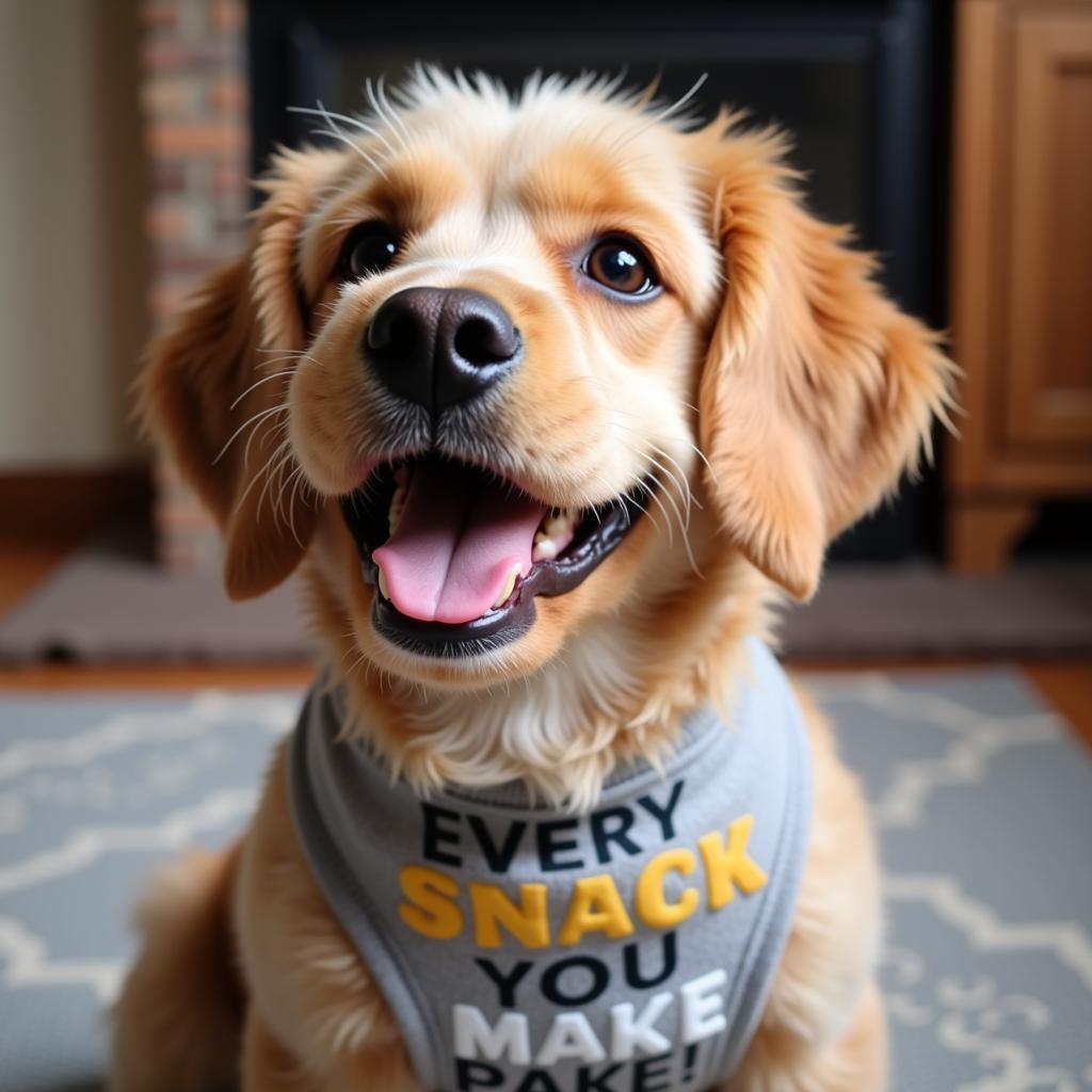 A Happy Dog Sporting an "Every Snack You Make" Shirt